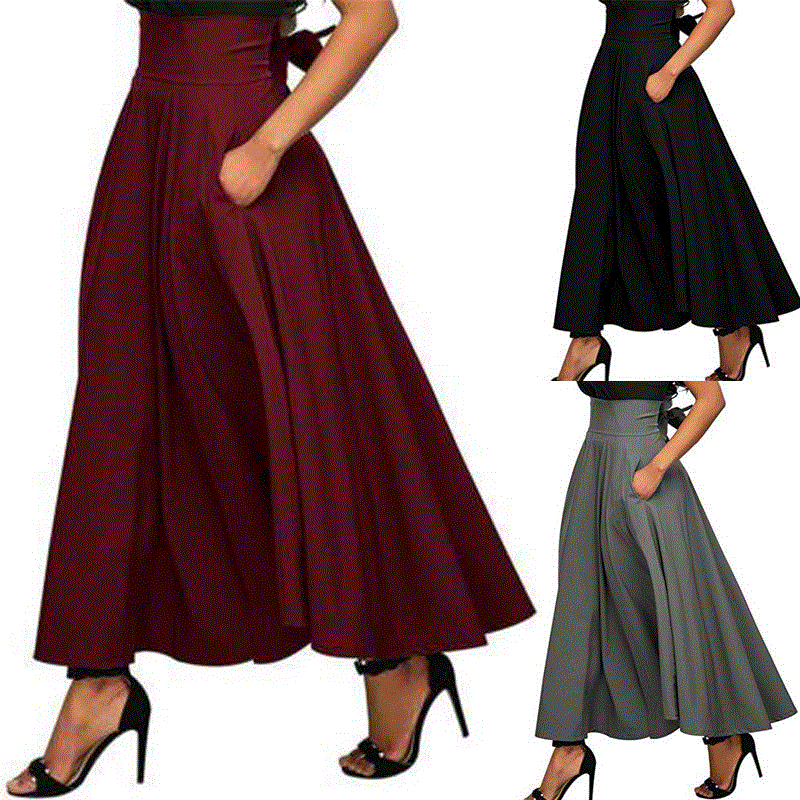 2021 High quality New Elegant Fashion Women High Waist Flared Pleated Long Skirts Gypsy Maxi Skirt Pockets Long Skirt