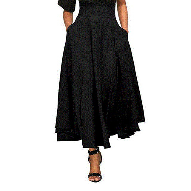 2021 High quality New Elegant Fashion Women High Waist Flared Pleated Long Skirts Gypsy Maxi Skirt Pockets Long Skirt