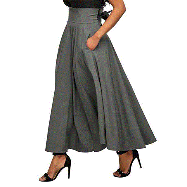 2021 High quality New Elegant Fashion Women High Waist Flared Pleated Long Skirts Gypsy Maxi Skirt Pockets Long Skirt