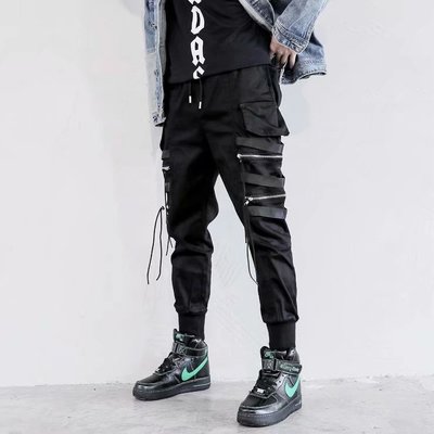 2021 High quality Men Side Pockets Harem Pants Autumn Hip Hop Casual Ribbons Male Joggers Black Trousers Streetwear