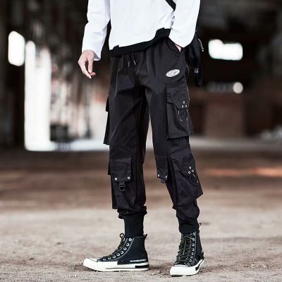 2021 High quality Men Side Pockets Harem Pants Autumn Hip Hop Casual Ribbons Male Joggers Black Trousers Streetwear