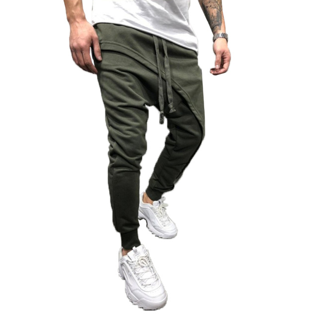 2021 High quality Men Harem Trousers Solid Color Drawstring Asymmetric Double Layer Long Running Jogger Baggy Pants