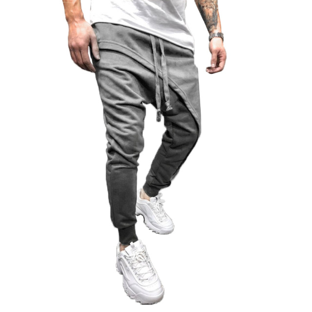 2021 High quality Men Harem Trousers Solid Color Drawstring Asymmetric Double Layer Long Running Jogger Baggy Pants