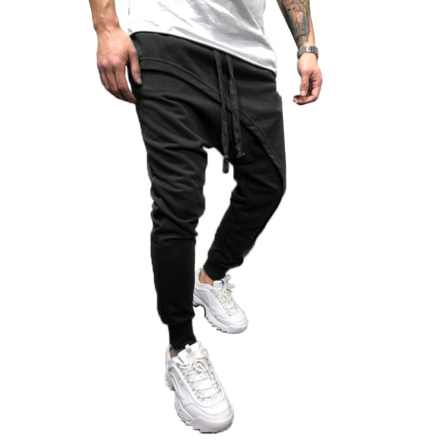 2021 High quality Men Harem Trousers Solid Color Drawstring Asymmetric Double Layer Long Running Jogger Baggy Pants