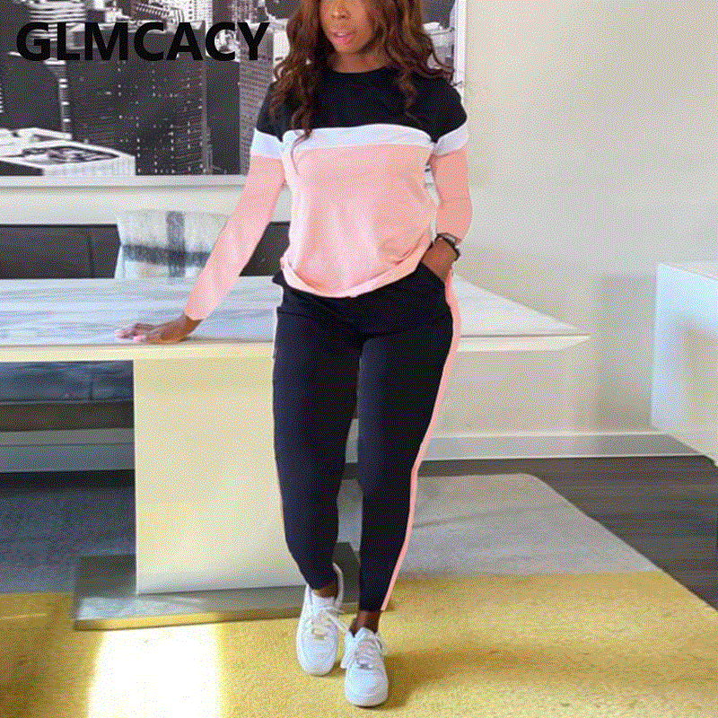 2021 High quality Women 2 Piece Set Outfit Women Long Sleeve Colorblock Top Pants Comfort Lounge Wear Joining together
