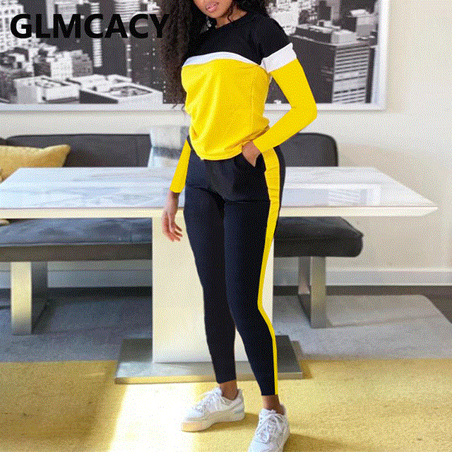 2021 High quality Women 2 Piece Set Outfit Women Long Sleeve Colorblock Top Pants Comfort Lounge Wear Joining together