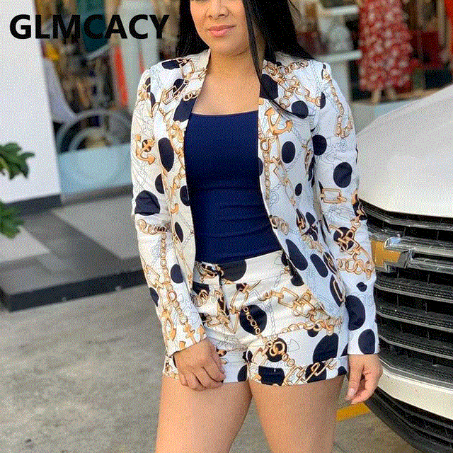 2021 High quality Women Vinatge Chain Printed Blazer Long Sleeve Top Shorts Sets Elegant Office Ladies Suits Workwear