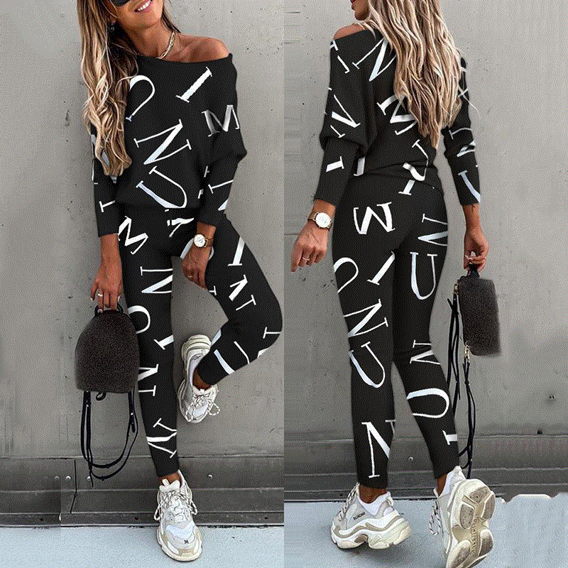 2021 High quality Women Casual Sport Suit Print Long Sleeve Top Pants Two Piece Set Female Spring Autumn Tracksuits