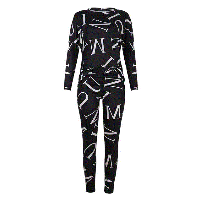 2021 High quality Women Casual Sport Suit Print Long Sleeve Top Pants Two Piece Set Female Spring Autumn Tracksuits