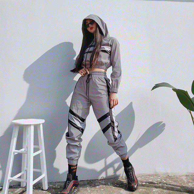 2021 High quality Plus Size Female Loose Jacket Coat Hip Hop Reflective Suits Women Tracksuit Hoodies Crop Top Pants