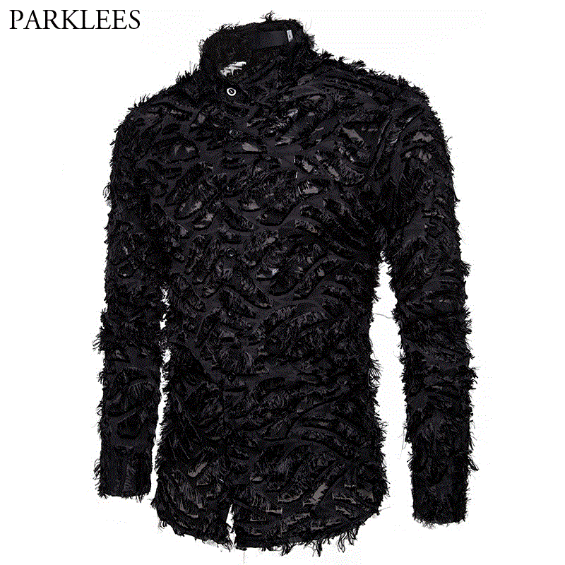 2021 High quality Sexy Black Feather Lace Shirt Men Fashion See Through Clubwear Dress Shirt Men Male Event Party Prom