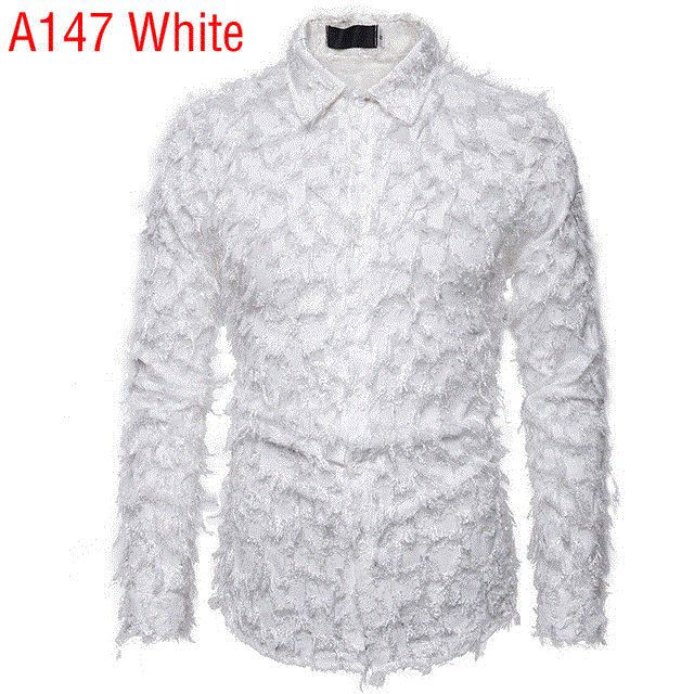 2021 High quality Sexy Black Feather Lace Shirt Men Fashion See Through Clubwear Dress Shirt Men Male Event Party Prom