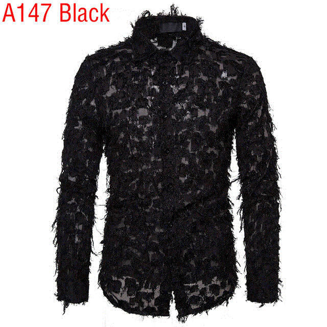 2021 High quality Sexy Black Feather Lace Shirt Men Fashion See Through Clubwear Dress Shirt Men Male Event Party Prom