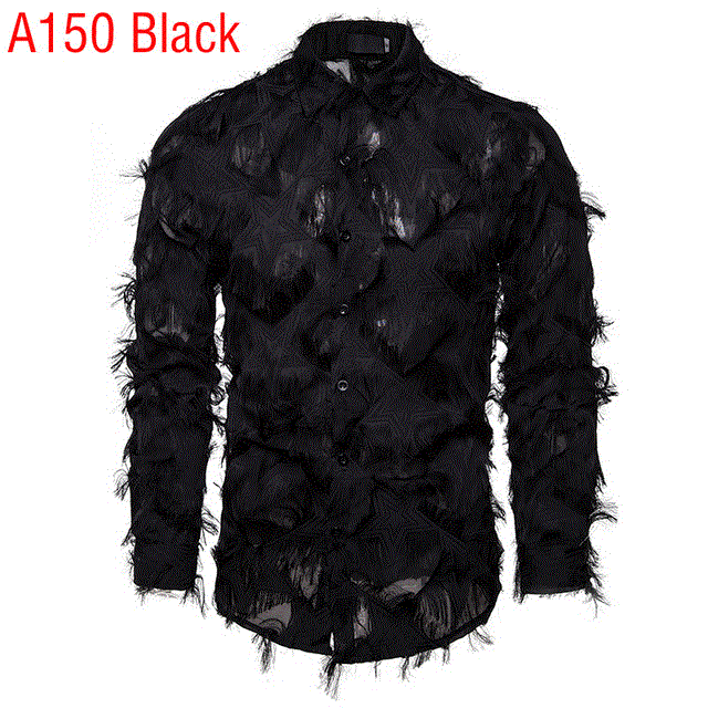 2021 High quality Sexy Black Feather Lace Shirt Men Fashion See Through Clubwear Dress Shirt Men Male Event Party Prom