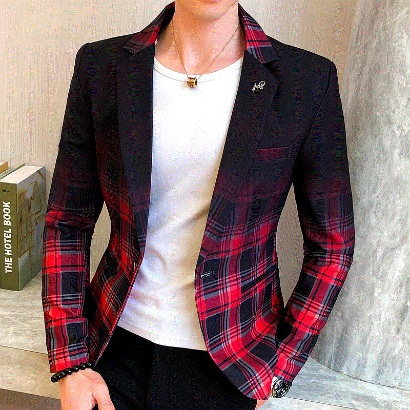 2021 High quality Men Spring Colorblock Plaid Blazer Men Slim Casual Wedding Business Party Clothing Dress Men Coats