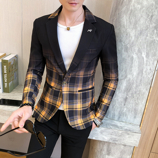 2021 High quality Men Spring Colorblock Plaid Blazer Men Slim Casual Wedding Business Party Clothing Dress Men Coats