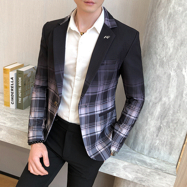 2021 High quality Men Spring Colorblock Plaid Blazer Men Slim Casual Wedding Business Party Clothing Dress Men Coats