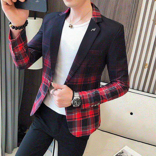 2021 High quality Men Spring Colorblock Plaid Blazer Men Slim Casual Wedding Business Party Clothing Dress Men Coats
