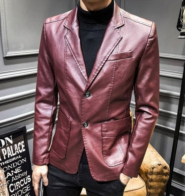 2021 High quality Autumn Winter Coats Jackets Men Solid Color Faux Leather Suit Jacket Long Sleeve Lapel Blazer Male
