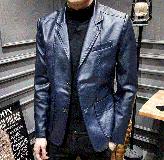 2021 High quality Autumn Winter Coats Jackets Men Solid Color Faux Leather Suit Jacket Long Sleeve Lapel Blazer Male