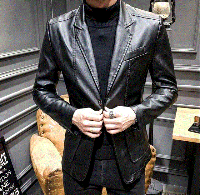2021 High quality Autumn Winter Coats Jackets Men Solid Color Faux Leather Suit Jacket Long Sleeve Lapel Blazer Male