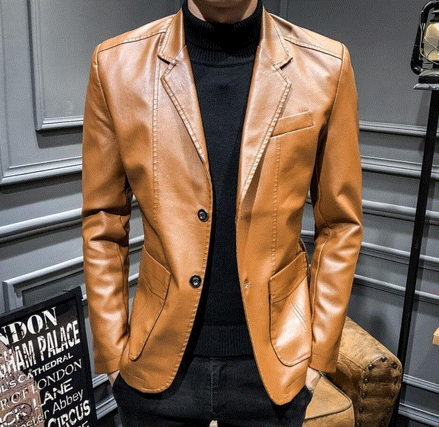 2021 High quality Autumn Winter Coats Jackets Men Solid Color Faux Leather Suit Jacket Long Sleeve Lapel Blazer Male