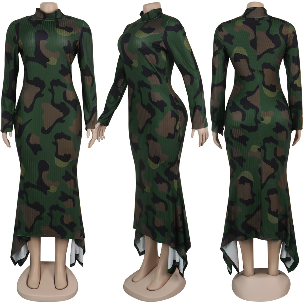 2021 High quality Long Maxi Dress Striped Leopard camouflage Print Knitted Sexy Club Night Party Full Sleeve Dresses