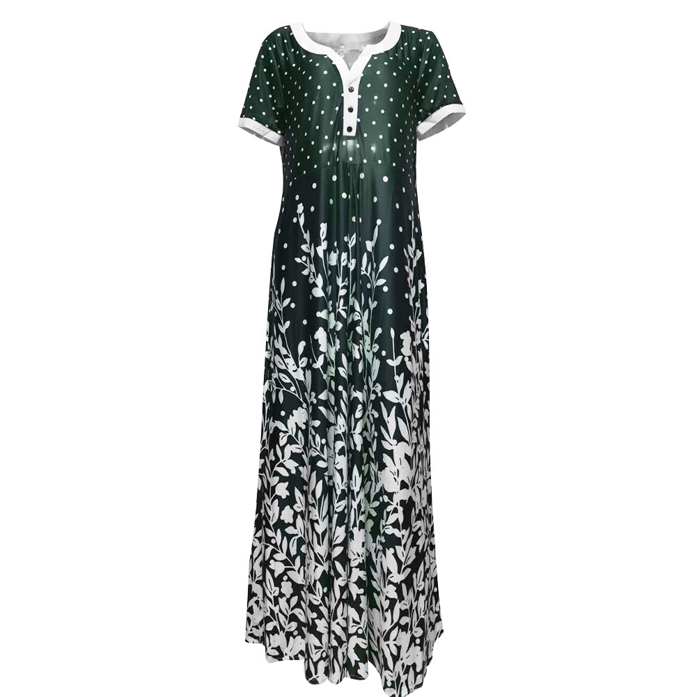 2021 High quality Fashion Summer Sundress Women Casual V Neck Short Sleeve Large Hem Leaves Print Button Long Dress
