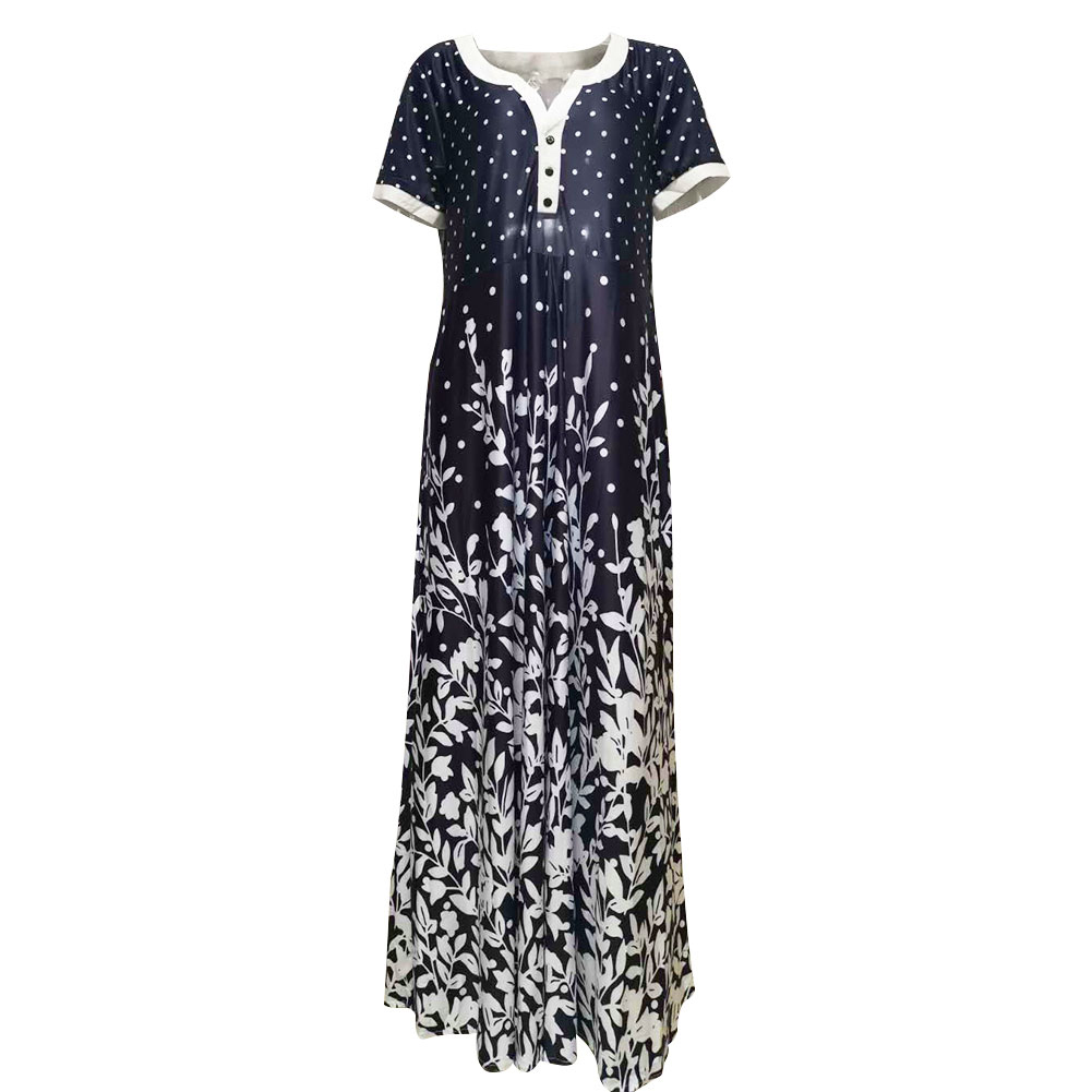 2021 High quality Fashion Summer Sundress Women Casual V Neck Short Sleeve Large Hem Leaves Print Button Long Dress