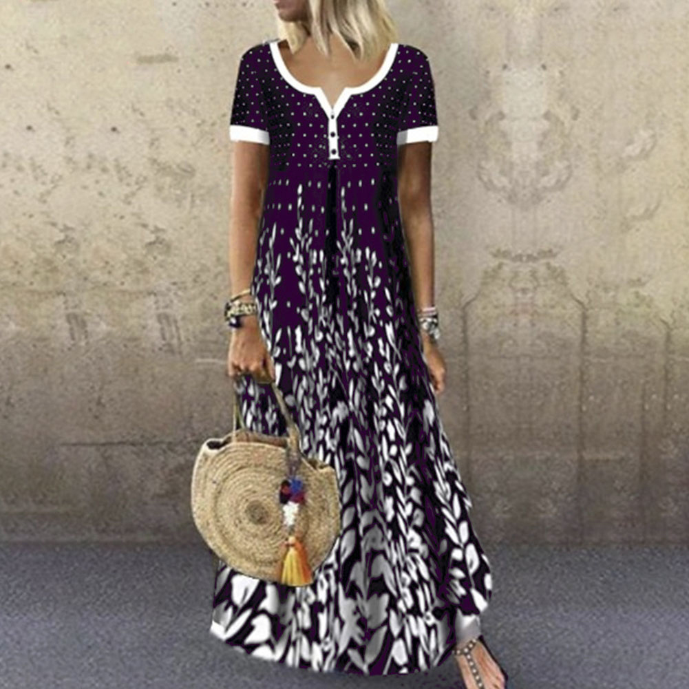 2021 High quality Fashion Summer Sundress Women Casual V Neck Short Sleeve Large Hem Leaves Print Button Long Dress