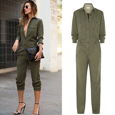 2021 High quality Hot Sale Ladies Sexy Vintage Long Pants Jumpsuit Long Sleeve Army Green Solid Casual Cargo Pants