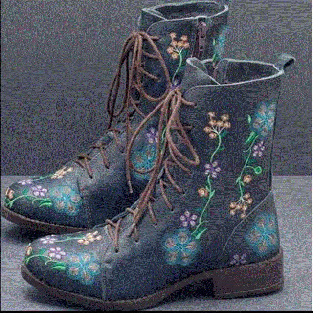 2021 High quality New Women Boots Retro Printed Leather Zipper Mid-Calf Boots Ladies Shoes Wome  Large Size
