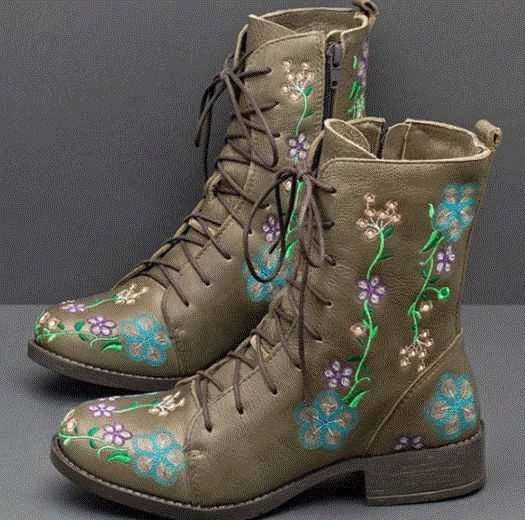 2021 High quality New Women Boots Retro Printed Leather Zipper Mid-Calf Boots Ladies Shoes Wome  Large Size