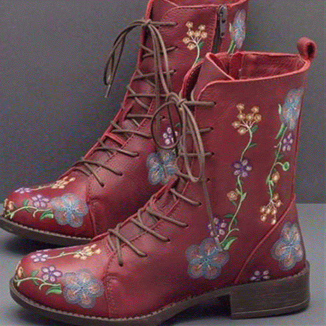 2021 High quality New Women Boots Retro Printed Leather Zipper Mid-Calf Boots Ladies Shoes Wome  Large Size