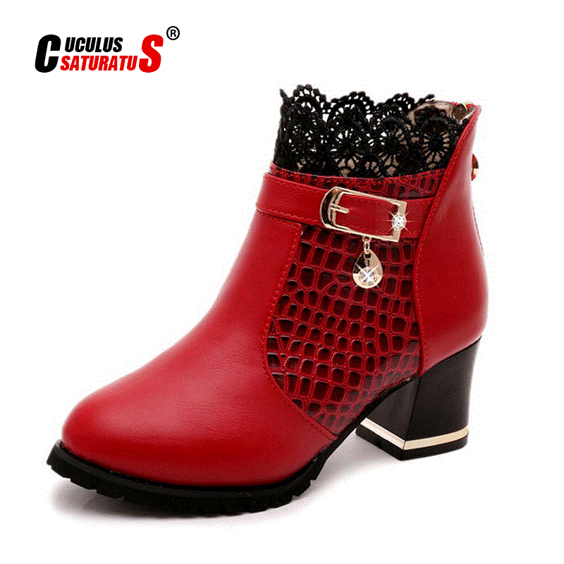 Autumn Winter New Lace Fashion High Heels  Woman Boots Ankle Casual Ladies Boot Metal Rhinestone Red