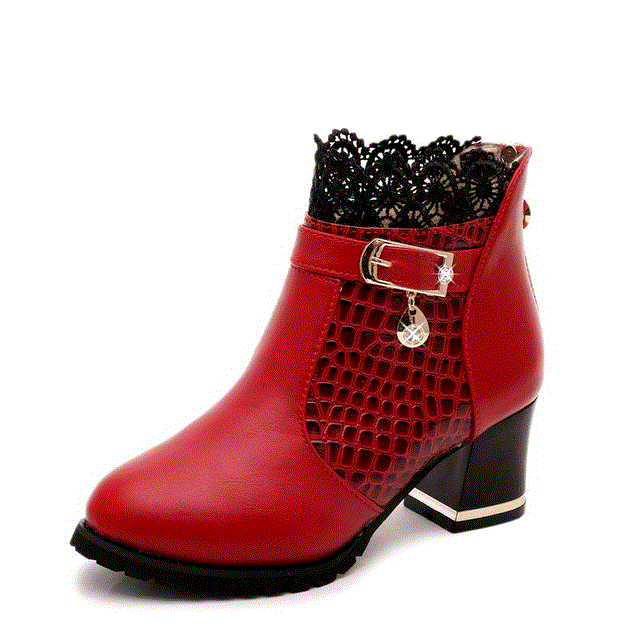 Autumn Winter New Lace Fashion High Heels  Woman Boots Ankle Casual Ladies Boot Metal Rhinestone Red
