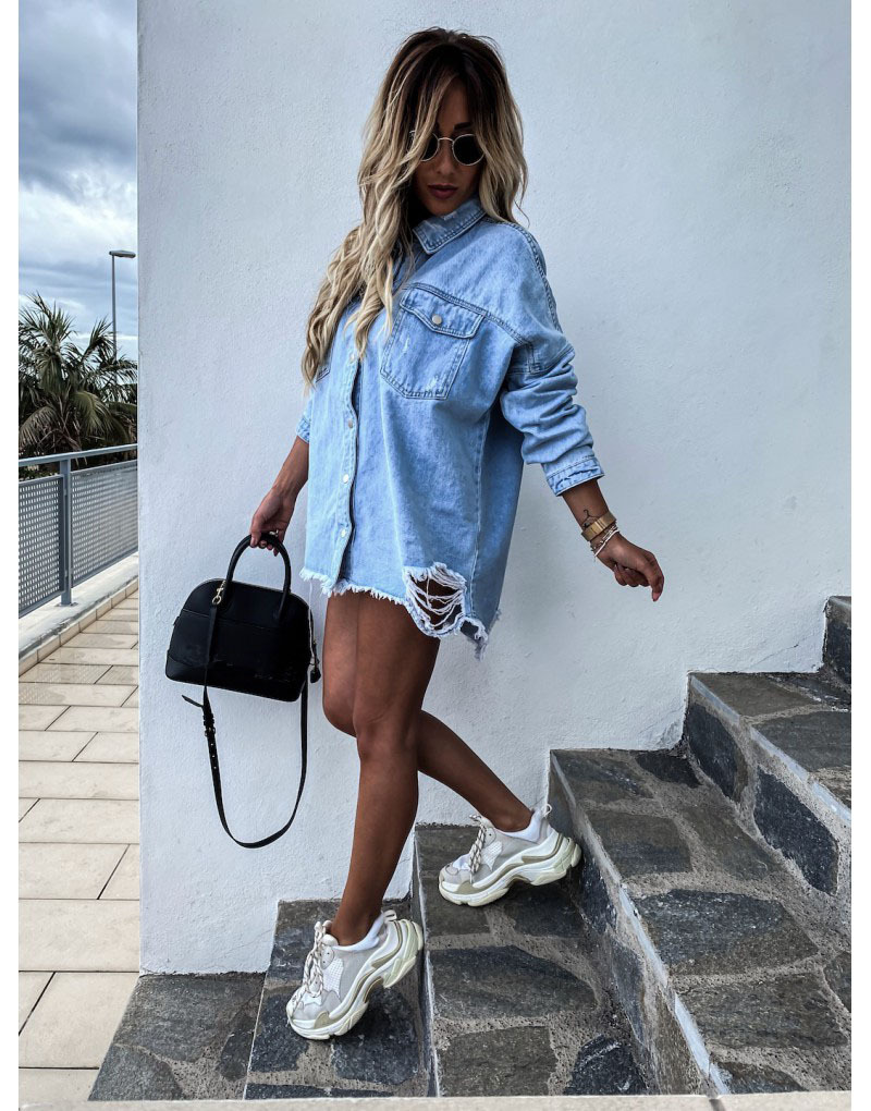 2021 High quality Fall Women's Long Sleeve Denim Shirt Fashion Ripped Mid-length Jeans Shirt Tops Loose Shirts
