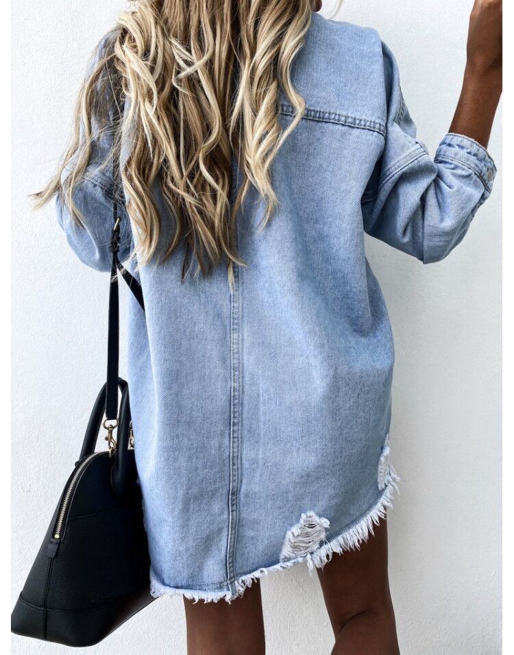 2021 High quality Fall Women's Long Sleeve Denim Shirt Fashion Ripped Mid-length Jeans Shirt Tops Loose Shirts