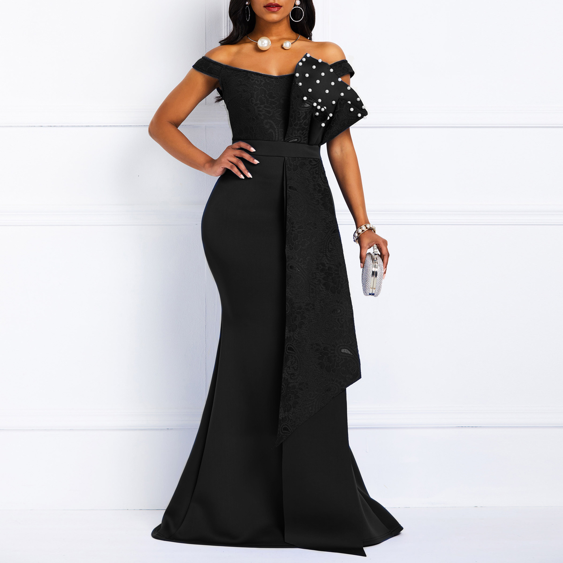 2021 High quality Sexy Women Dress Elegant African Ladies Bodycon  Beaded Lace Wedding Evening Party Maxi Dresses
