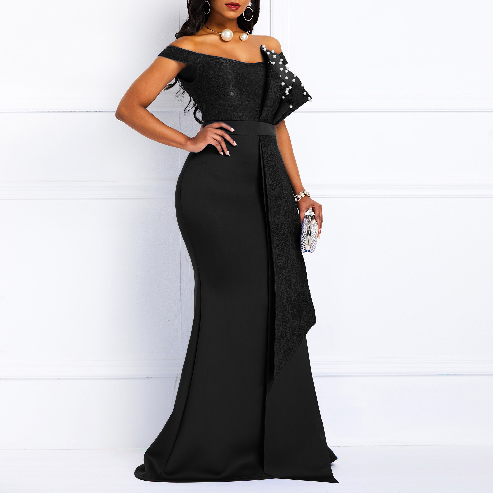 2021 High quality Sexy Women Dress Elegant African Ladies Bodycon  Beaded Lace Wedding Evening Party Maxi Dresses