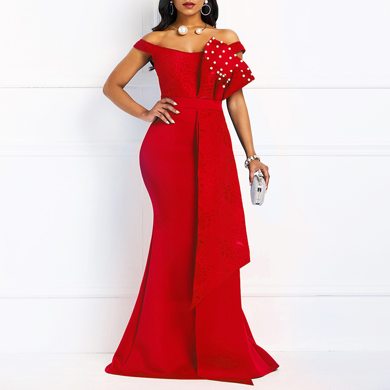 2021 High quality Sexy Women Dress Elegant African Ladies Bodycon  Beaded Lace Wedding Evening Party Maxi Dresses