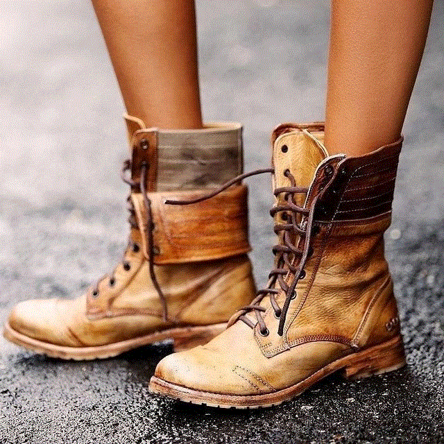 2021 High quality Women Mid-calf Boots Low Heels Vintage PU Leather Gladiator Lace Up Matin Shoes Woman Boots