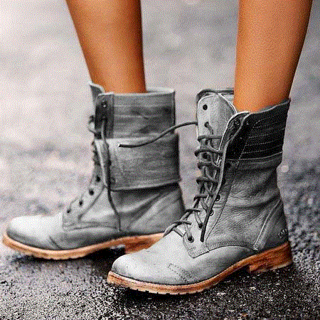 2021 High quality Women Mid-calf Boots Low Heels Vintage PU Leather Gladiator Lace Up Matin Shoes Woman Boots