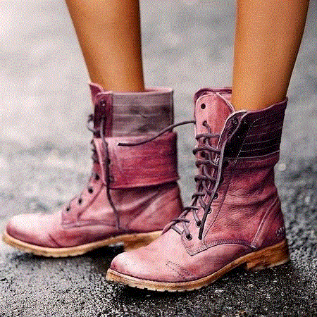 2021 High quality Women Mid-calf Boots Low Heels Vintage PU Leather Gladiator Lace Up Matin Shoes Woman Boots
