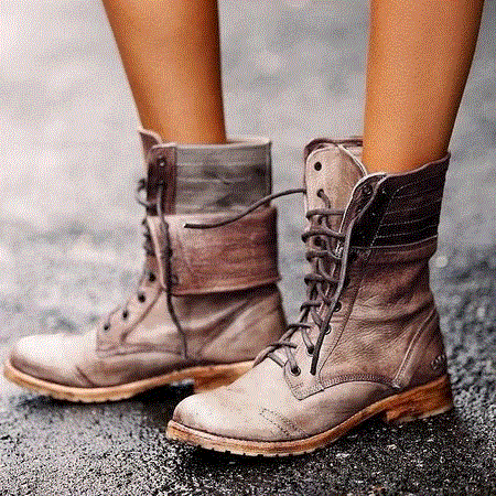 2021 High quality Women Mid-calf Boots Low Heels Vintage PU Leather Gladiator Lace Up Matin Shoes Woman Boots