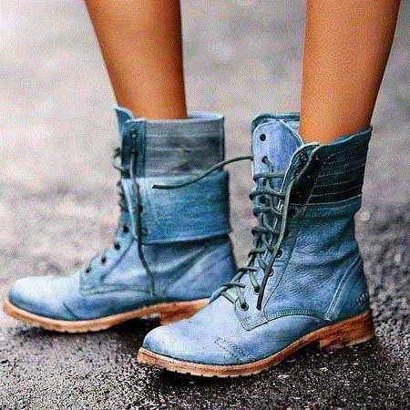 2021 High quality Women Mid-calf Boots Low Heels Vintage PU Leather Gladiator Lace Up Matin Shoes Woman Boots