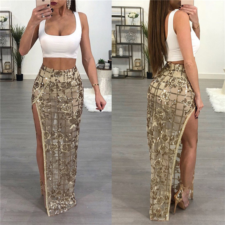 2021 High quality Sexy embroidered beaded zippered split High Waist skirt Women Maxi Skirts Sequined Club Women Skirts