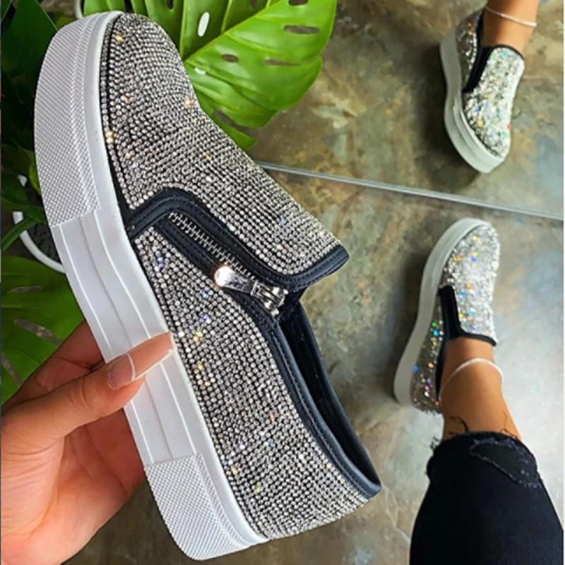 2021 High quality Women Sneakers Platform Bling Crystal Autumn Women's Casual Flats Female Zip Sport Shoes Big Size