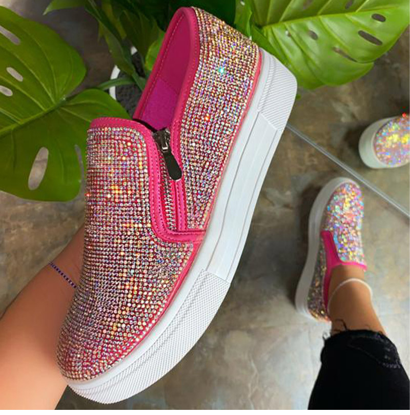 2021 High quality Women Sneakers Platform Bling Crystal Autumn Women's Casual Flats Female Zip Sport Shoes Big Size