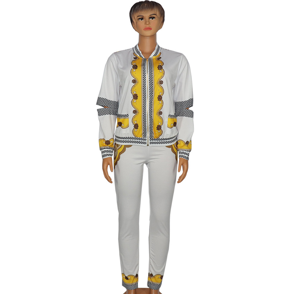 2021 High quality Two Piece set African Women Dashiki Office Suit Top Pencil Pants Set Flower Print Tracksuit